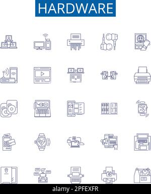 Set di simboli delle icone della linea hardware. Progettare la raccolta di hardware, componenti, dispositivi, CPU, schede madri, RAM, GPU, vettore del concetto di contorno del BIOS Illustrazione Vettoriale