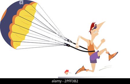 Corridore duro di addestramento. Paracadute l'uomo di corsa Cartoon trascina un paracadute. Isolato su sfondo bianco Illustrazione Vettoriale