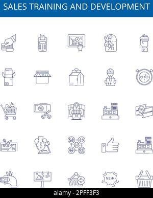Set di cartelli con icone per linee di sviluppo e formazione alle vendite. Progettare la raccolta di vendite, formazione, sviluppo, strategia, tecnica, abilità, conoscenza Illustrazione Vettoriale
