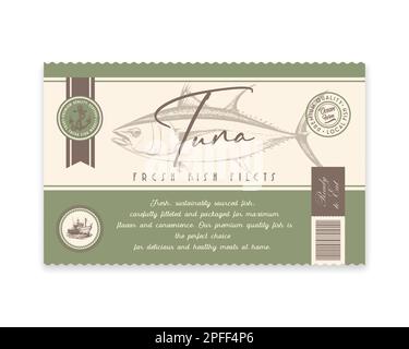 Tonno di qualità superiore. Disegno o etichetta di imballaggio di tonno vettoriale astratto. Tipografia moderna e disegno a mano silhouette di tonno sfondo layout Illustrazione Vettoriale