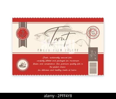 Trota di qualità superiore. Disegno o etichetta astratta di confezionamento di pesci vettoriali. Tipografia moderna e mano disegnata Trout silhouette sfondo layout. Illustrazione Vettoriale