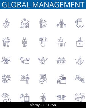 Set di simboli delle icone della linea di gestione globale. Collezione di progettazione di Global, Management, International, Organization, Strategic, Leadership, trasformazione Illustrazione Vettoriale