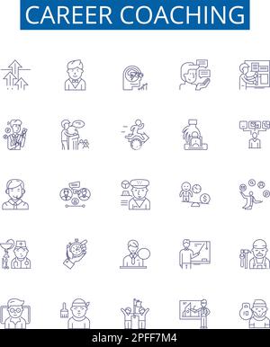 Linea di formazione di carriera icone set segni. Collection di disegno di carriera, istruente, mentoring, consiglio, counseling, Obiettivi, sviluppo, struttura della lettera di presentazione Illustrazione Vettoriale
