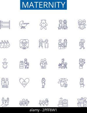 Linea maternità icone segni set. Progettare la collezione di gravidanza, parto, parto, maternità, infermieristica, contorno di gestazione, neonati, neonati Illustrazione Vettoriale