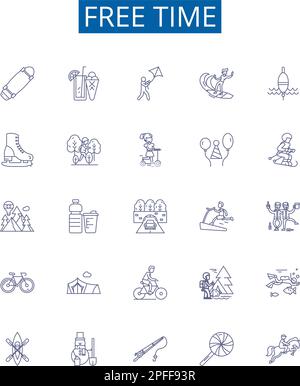 Set di simboli delle icone della linea del tempo libero. Collezione di design di tempo libero, idleness, relax, vacanza, vacanza, Riposo, tempi di fermo, concetto di contorno divertente vettore Illustrazione Vettoriale