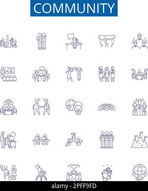Set di simboli delle icone della linea Community. Collezione di design di Società, Fellowship, Network, Clan, Congregazione, Gruppo, Alleanza, Tribe delineare il concetto vettore Illustrazione Vettoriale