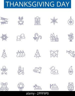 Set di simboli delle icone della linea del giorno del Ringraziamento. Collezione di design di Thanksgiving, Day, Turchia, Festa, gratitudine, Pellegrini, indiani, Cornucopia delineare concetto Illustrazione Vettoriale