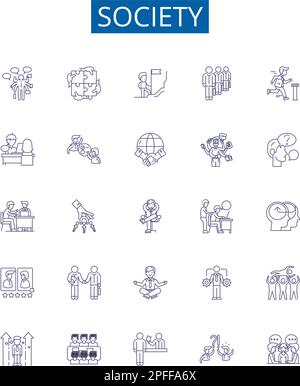 Simbolo della linea sociale icone set. Collection di disegno di società, comunità, cultura, persone, esseri umani, civiltà, organizzazione, norme delineano il concetto Illustrazione Vettoriale