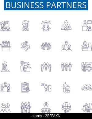 Set di simboli delle icone delle linee dei partner commerciali. Raccolta di progetti di partner, aziende, collaboratori, associati, investimenti, Azionisti, stakeholder Illustrazione Vettoriale