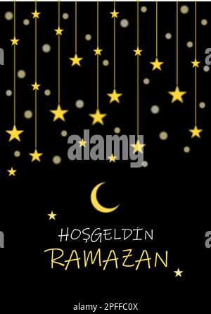 Luna e stelle a mezzaluna dorate su sfondo nero. Ramadan banner design in turco. Foto Stock