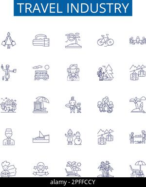 Set di simboli delle icone delle linee di viaggi. Collezione di design di Turismo, viaggio, viaggio, avventura, linea aerea, Crociera, pacchetto, concetto di contorno del resort Illustrazione Vettoriale