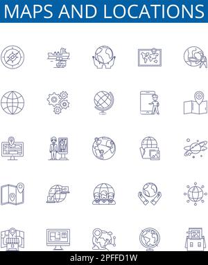 Cartine e posizioni icone linea cartelli set. Progettare la raccolta di mappe, posizioni, geografia, mappatura, coordinate, Punti di riferimento, Wayfinding, Charting Illustrazione Vettoriale