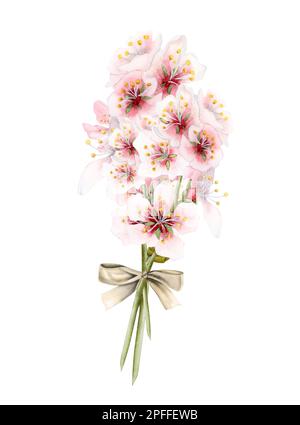 Fiori di mandorla rami bouquet con arco a nastro d'oro. Acquerello bianco fiore di ciliegio rosa isolato su sfondo bianco. Foto Stock