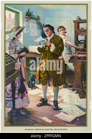 Benjamin Franklin (1706-1790), come stampante a Filadelfia, illustrazione di SM Arthurs, circa 1914 Foto Stock