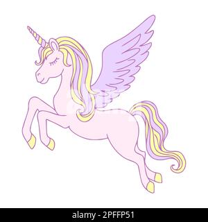 Unicorno magico volante disegnato a mano con un cuore. Contorno su sfondo bianco. Illustrazione Vettoriale