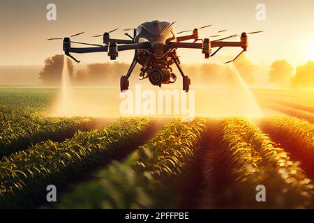 Agricoltura drone volare a fertilizzante spruzzato su campi giardino fattoria Foto Stock