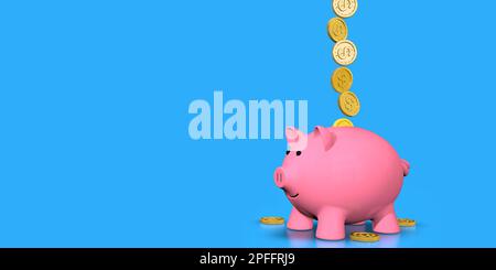 Monete d'oro che cadono in ceramica rosa piggy banca in piedi su sfondo blu. Immagine con spazio di copia. 3D Illustrazione Foto Stock