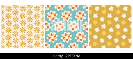 Groovy Summer Flowers Seamless Pattern Set 70s, 60s retro Style Illustrazione Vettoriale