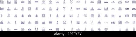 Punti di riferimento icone linee segni impostati. Collezione di disegni di Monumenti, statue, strutture, edifici, palazzi, Rovine, Templi, architettura contorno concetto Illustrazione Vettoriale