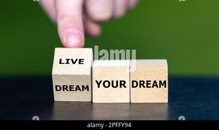 La mano gira il cubo di legno e cambia l'espressione "ream your Dream" in "live your Dream". Foto Stock