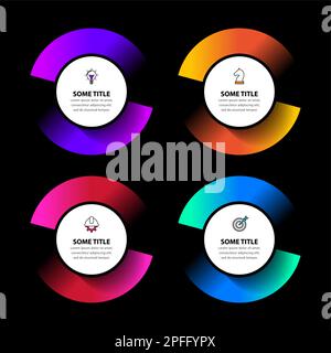Modello infografico con icone e 4 opzioni o passaggi. Stile scuro. Può essere utilizzato per il layout del flusso di lavoro, il diagramma, il banner, il webdesign. Illustrazione vettoriale Illustrazione Vettoriale