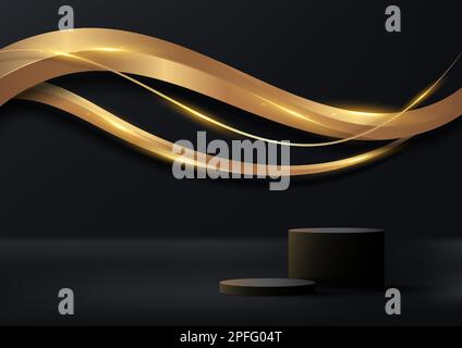 3D realistico cilindro nero vuoto podio decorazione con astratto elegante 3D linee d'onda dorate forme su sfondo scuro stile di lusso con luce Illustrazione Vettoriale