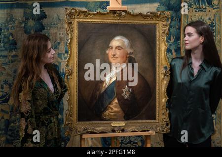 Londra, Regno Unito 17 marzo 2023. Thomas Gainsborough, R.A. (Sudbury 1727-1788 Londra), Ritratto di William Petty, 2nd conte di Shelburne e 1st marchese di Lansdowne stima: ££15.000 - £20.000. Le attrazioni della collezione di Lord and Lady Flight. In precedenza in prestito alla Camera dei Comuni dove è appeso nel Corridoio del relatore fino a poco tempo fa. I punti salienti della collezione di tessuti e arazzi antichi di Peta Smyth, gli oggetti selezionati della collezione di Lord & Lady Flight e i contenuti degli oggetti di Chequers. La vendita si svolge il 21 marzo a Bonhams Knightsbridge. Credito: amer Ghazzal/al Foto Stock