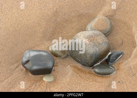 Primo piano su deetails di pietre indossate in forme lisce dal movimento di marea sulla spiaggia a New Quay, Ceredigion, Galles. Foto Stock