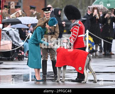 Aldershot, Regno Unito. 17th Mar, 2023. Aldershot, Regno Unito. Marzo 17th, 2023. Il Principe di Galles, il Colonnello uscente delle Guardie irlandesi e la Principessa di Galles, il Colonnello entrante, visitano le Guardie irlandesi presso la St Parata del giorno di Patrick ad Aldershot. Credit: Doug Peters/Alamy Live News Foto Stock