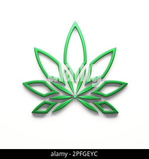 Marijuana foglia lineare o foglia di cannabis verde colore erbaccia logo icona isolato su sfondo bianco. 3D rappresentazione Foto Stock