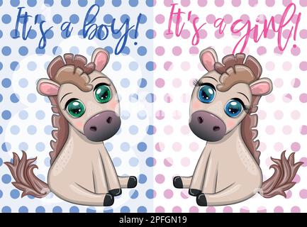 Festa dell'acquazzone del bambino con il cavallo carino del cartone animato, il ragazzo del pony e la ragazza. Invito dell'acquazzone del bambino e biglietto d'auguri di buon compleanno Illustrazione Vettoriale