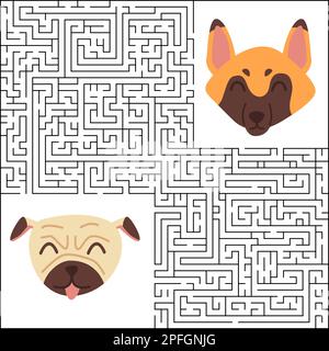 Gioco di labirinto per bambini. Aiuta il cane pastore tedesco a trovare il suo amico pug. disegno di puzzle labirintico. Illustrazione Vettoriale