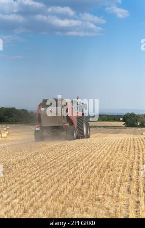 Imballare la paglia in balle rotonde con un trattore Massey Ferguson 7726 e un'imballatrice RB4160v. La paglia sarà usata per lettiera di animale. North Yorkshire, Regno Unito. Foto Stock