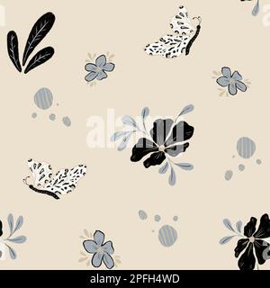 Motivo floreale senza cuciture in colori monocromatici. Disegno a mano di insetti e fiori, farfalle. Design per regali, tessuti, carta da parati Foto Stock