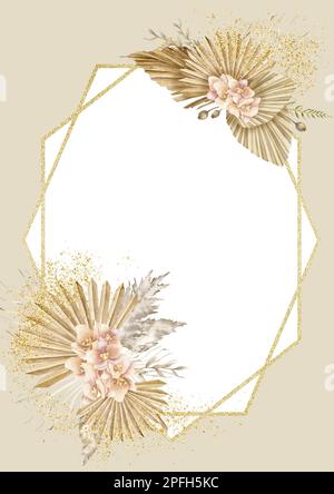 Cornice verticale floreale acquerello con foglie di palma essiccate e fiori di orchidea rosa in stile Boho. Illustrazione disegnata a mano. Modello rettangolare bohémien per biglietti d'auguri o inviti in colori pastello Foto Stock