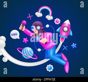 Realtà virtuale. 3d vettore donna con controller console di gioco, con razzo e ornamento pianeta Illustrazione Vettoriale