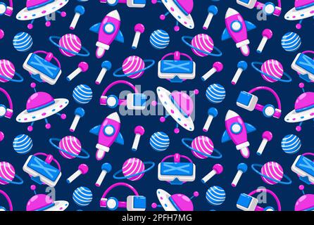 Realtà virtuale. Occhiali VR, razzi, controller, pianeti e schemi ufo Illustrazione Vettoriale