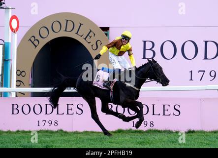 Jockey Paul Townend festeggia la vittoria della Boodles Cheltenham Gold Cup Chase a Galopin Des Champs il quarto giorno del Cheltenham Festival all'ippodromo di Cheltenham. Data immagine: Venerdì 17 marzo 2023. Foto Stock