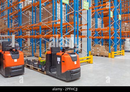 Due carrelli elevatori a forche per la selezione degli ordini nel magazzino di distribuzione Foto Stock