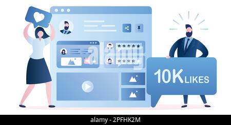 Il seguace femminile dà come segno e l'uomo molto felice con la bolla di discorso 10k gradisce. Personaggi in stile trendy, social netwotk web page e umani Illustrazione Vettoriale