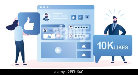 Il seguace femminile dà come segno e l'uomo molto felice con la bolla di discorso 10k gradisce. Personaggi in stile trendy, social netwotk web page e umani Illustrazione Vettoriale
