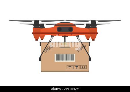 Concetto di consegna dei droni. Cartone animato Quadcopter con carico. Trasporto tecnologico del futuro isolato su sfondo bianco. Illustrazione del vettore piatto Illustrazione Vettoriale