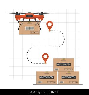 Concetto di consegna dei droni. Cartoon Quadcopter con carico e percorso sulla mappa. Trasporto tecnologico del futuro isolato su sfondo bianco. Vettore piatto illu Illustrazione Vettoriale