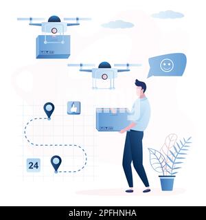 Consegna delle merci all'acquirente. Cliente maschio felice e drone di consegna con scatola. Trasporto tecnologico futuro e uomo in stile trendy, vettore illustrati Illustrazione Vettoriale