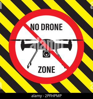 Divieto di lancio di Copter - nessun segnale permesso di drone aereo, volo in quadricottero vietato. Profilo nero del drone in cerchio rosso. Sfondo del modello. Vettore Illustrazione Vettoriale