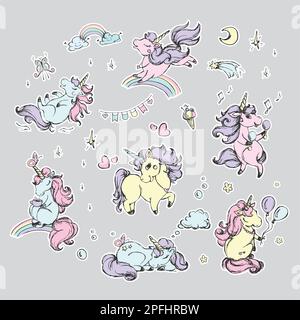 Set di simpatici unicorni. Cavalli Fairytail con corno. Collezione di animali magici. Illustrazione vettoriale di stile disegnata a mano Illustrazione Vettoriale