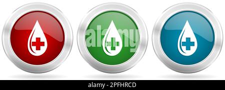 Set di icone del vettore ematico. Pulsanti Web metallici in argento rosso, blu e verde con bordo cromato Illustrazione Vettoriale