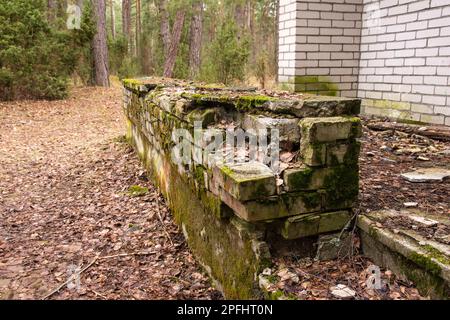 Distrutto muro di mattoni all'ingresso della terrazza di un edificio abbandonato e fatiscente, urbex. Foto Stock