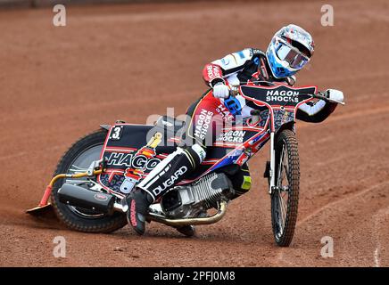 Sam Hagon di Belle Vue Aces durante la Belle Vue Aces Media Day presso il National Speedway Stadium di Manchester, mercoledì 15th marzo 2023. (Foto: Eddie Garvey | MI News) Foto Stock