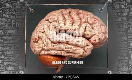 ID ego e super ego nel cervello umano - dozzine di termini che descrivono le sue proprietà dipinte sulla corteccia cerebrale per simbolizzare la sua connessione con la mente. Foto Stock